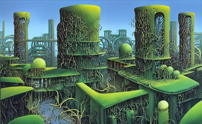 Prompt: industrial buildings surrounded by undergrowth by roger dean