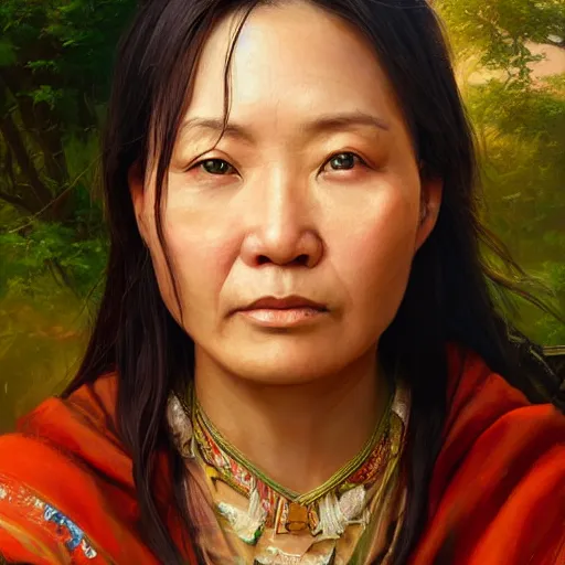 Image similar to portrait of an amis pangcah woman ( 3 5 ) from taiwan in 2 0 2 1, an oil painting by ross tran and thomas kincade