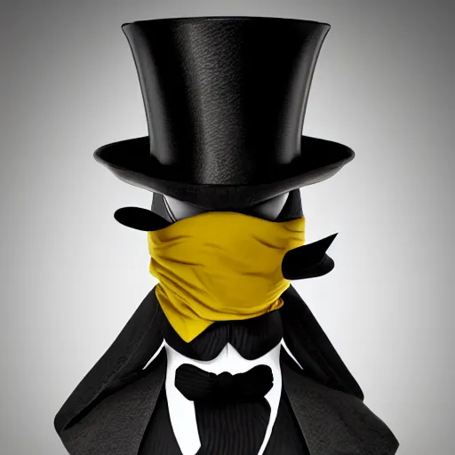 Image similar to a highly detailed portrait of a man in a high top hat covering his face, in a black tailcoat with a yellow waistcoat under the tailcoat, artstation, deviantart, professional, unreal engine 5, photorealistic