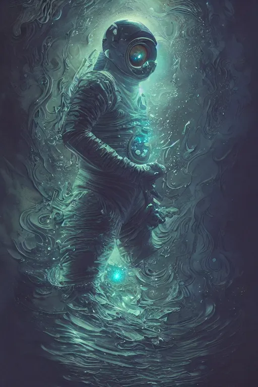 Prompt: close up shot of a full body floating astronaut portrait water elemental, high contrast, james gurney, peter mohrbacher, mike mignola, black paper, mandelbulb fractal, trending on artstation, exquisite detail perfect, large brush strokes, intricate ink illustration, black background