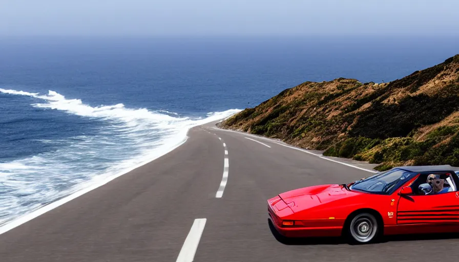 Image similar to a still of a white ferrari testarossa racing along the pacific coast highway, ocean in the background, 8 k,