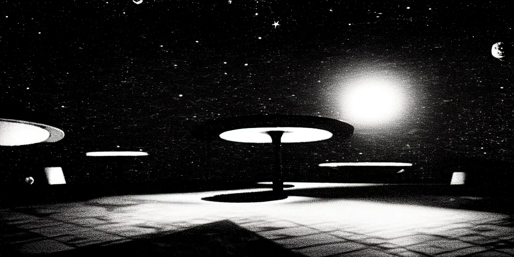 Image similar to low angle shot of a space port at night, set design by Ed Wood, in the style of Jim Jarmusch, shot on film, grainy, hyperrealistic