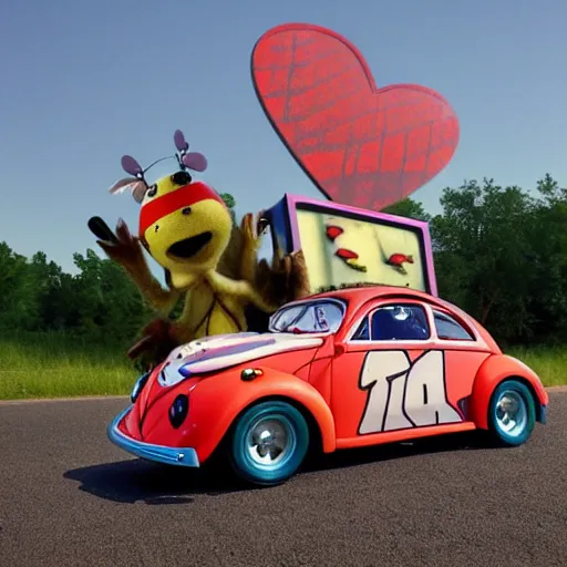 Prompt: a hybrid lady bug and'herbie the love bug'race car. it's a nice night at the drive - in diner. imax, 7 0 mm, movie still