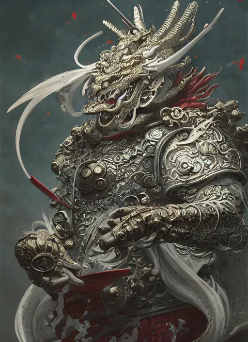 Prompt: subsurface scattering, white, koi, samurai deity with filigree dragon armor, by jesper ejsing, james jean, justin gerard, tomasz alen kopera, cgsociety and fenghua zhong, highly detailed, rim light, cinematic lighting, illustration, art, octane render, very coherent, cinematic, hyper realism, high detail, 8 k