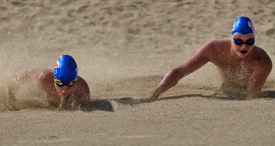 Image similar to olympic swimming in sand instead of water, extremely coherent, motion blur