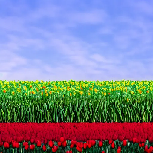 Image similar to A 4k photo of a field of tulips, blue skies, high contrast, early morning