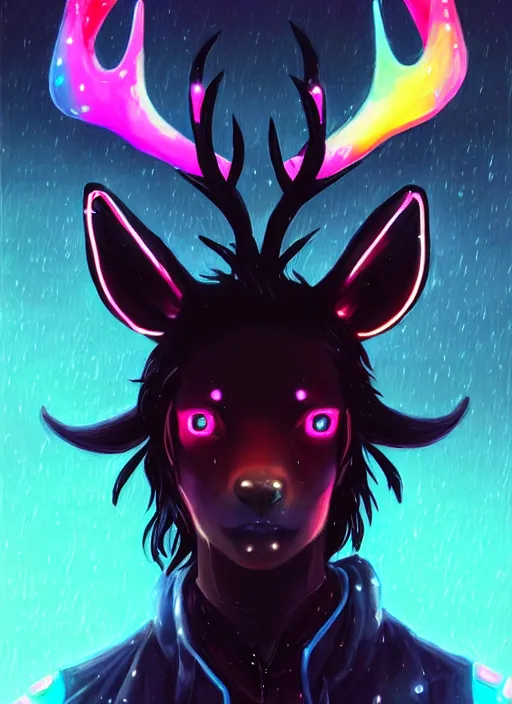 Image similar to award winning beautiful portrait commission of a male furry anthro Black Reindeer cyberpunk fursona with a tail, wings, wings, wings and a cute beautiful attractive detailed furry face wearing stylish black and rainbow galaxy clothes, outline, in a cyberpunk city at night while it rains. Character design by charlie bowater, ross tran, artgerm, and makoto shinkai, detailed, inked, western comic book art