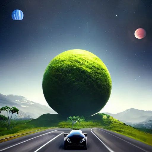 Image similar to a spherical car driving down the road with t - rex dancing behind it, smoky, green hills, many interstellar plants, futuristic concept design, atmospheric landscape, digital art, unreal engine, 8 k, cinematic level.