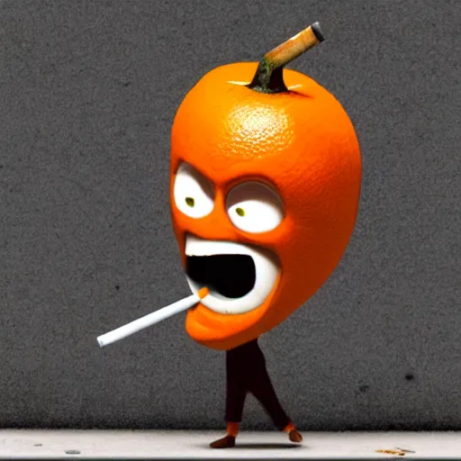 Image similar to cinematic shot of the annoying orange holding a cigarette in his mouth on a city street, very detailed, very intricate,