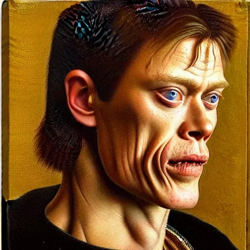 Image similar to portrait of the son of chris hemsworth willem dafoe steve buscemi, dane dehaan, oil painting by jan van eyck, northern renaissance art, oil on canvas, wet - on - wet technique, realistic, expressive emotions, intricate textures, illusionistic detail