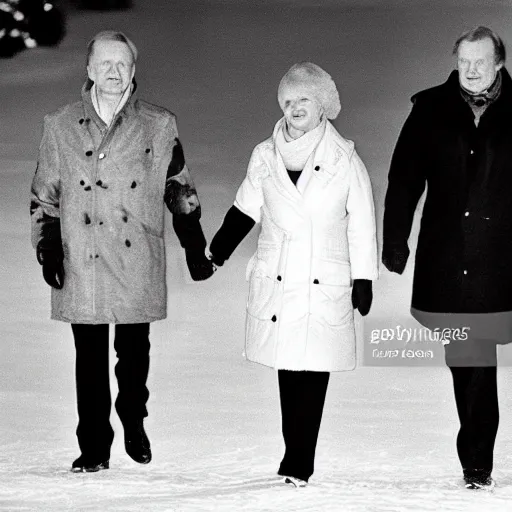 Image similar to Olof Palme and his wife peacefully strolling down Sveavägen in Stockholm a winter evening in 1986