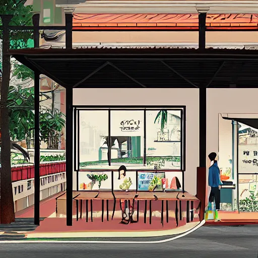 Image similar to concept art a singaporean neighborhood coffee shop