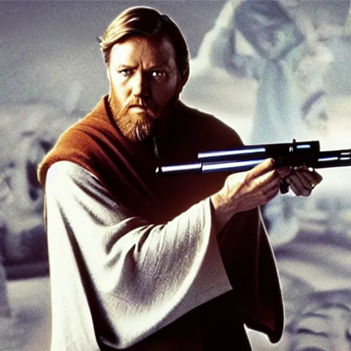 Prompt: obi wan kenobi holding a gun