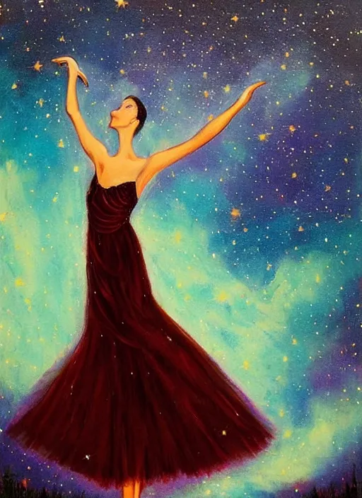 Prompt: ballerina in a dress looking at a starry sky, galaxy, beautiful, painting, highly detailed, soft light