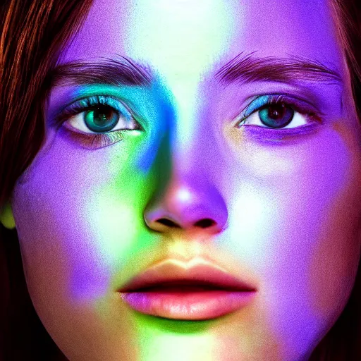 Prompt: ultraviolet spectrum portrait of a young woman, facial closeup, Baader U Venus filter, ultraviolet photography