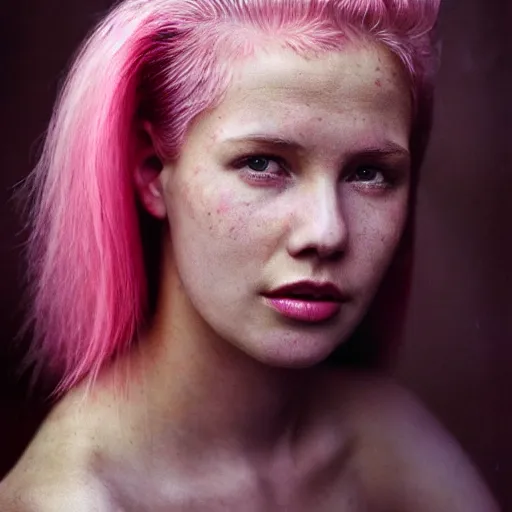 Prompt: a beautiful woman with pink hair and fair skin, portrait photograph, nikon 3 5 mm, photograph by annie leibovitz and steve mccurry,