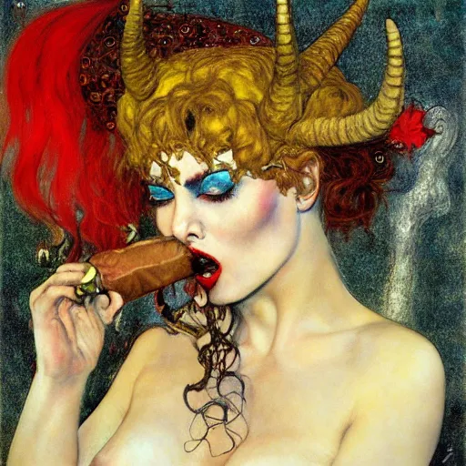 Prompt: succubus with horns smoking a cigar, klimt, royo, miro, frazetta, whealan,