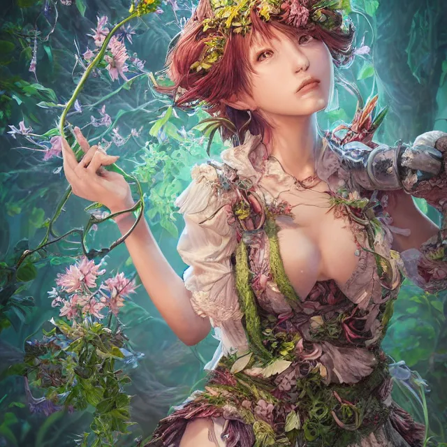 Image similar to the portrait of chaotic good female druid botanist as absurdly beautiful, gorgeous, elegant, young gravure idol, an ultrafine hyperdetailed illustration by kim jung gi, irakli nadar, intricate linework, sharp focus, bright colors, octopath traveler, final fantasy, unreal engine 5 highly rendered, global illumination, radiant light, detailed and intricate environment