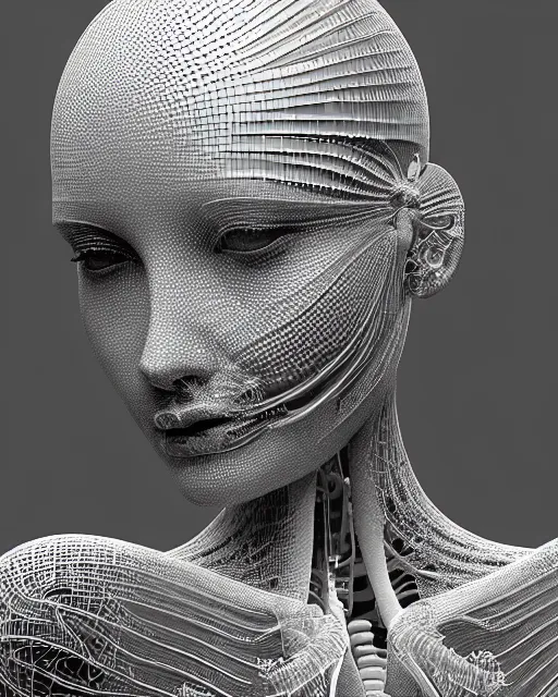 Prompt: mythical dreamy black and white organic translucent bio-mechanical spinal ribbed profile face portrait detail of mechanical beautiful female angelic-snowy-human-cyborg, highly detailed, intricate crystal jelly steampunk ornate, poetic, 3D render, digital art, octane render, 8K artistic photography, photo-realistic, by Dora Maar