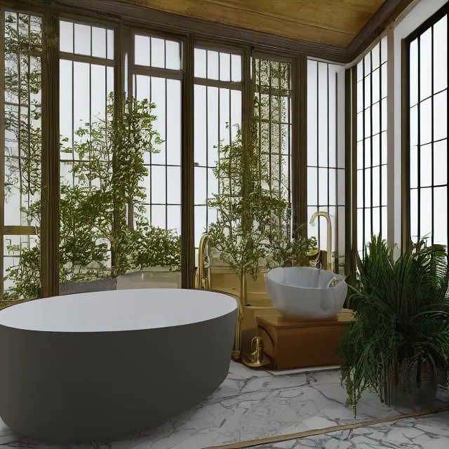 Prompt: post and beam bathroom interior, bathtub with golden faucet, wood cabinets, marble floor, large window in back with fall foliage river view, large potted plant, realistic, unreal engine render, octane render, hyper realistic, photo, 8 k