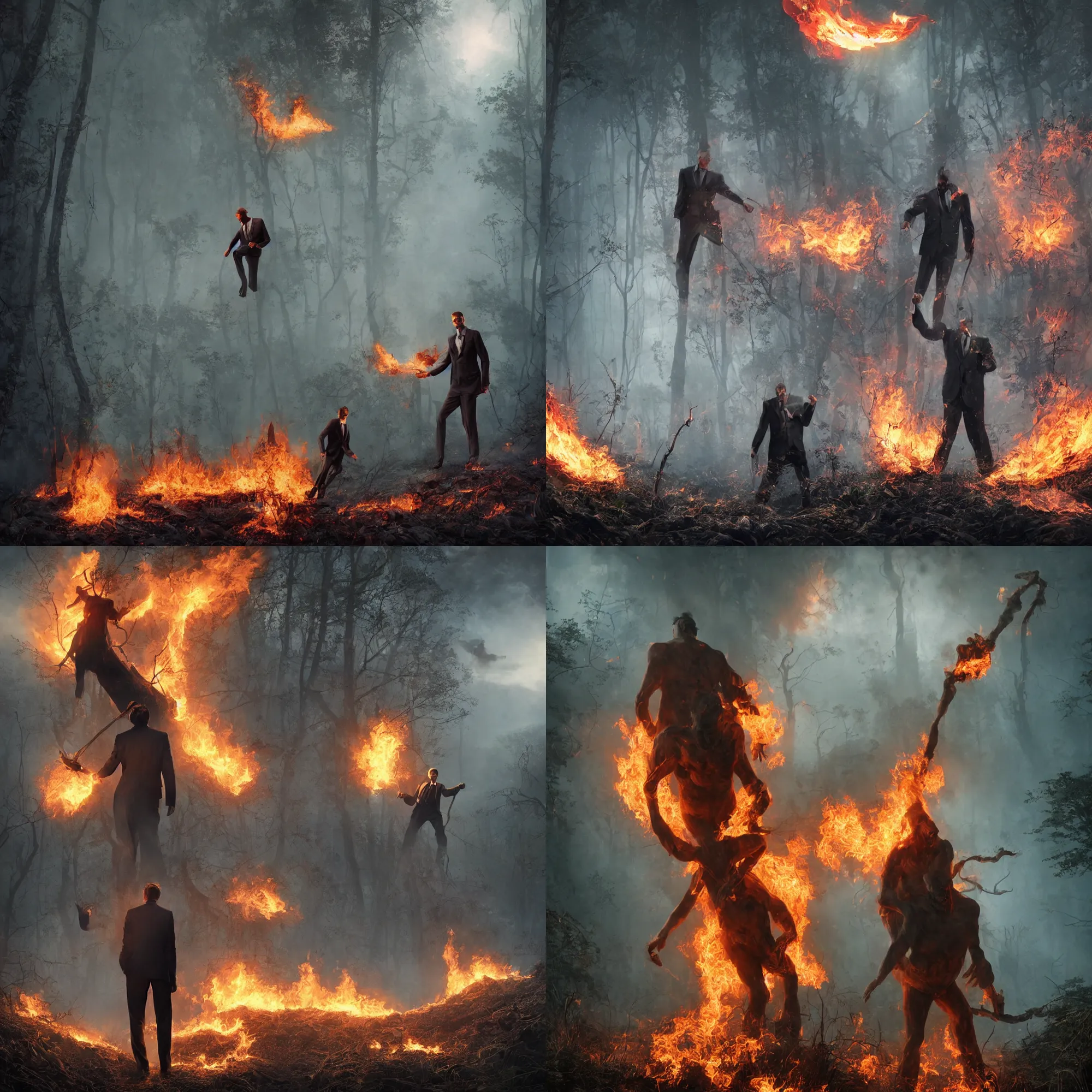 Prompt: a dark poster artwork by Alex Horley, Charlie Immer of a giant men in suit setting fire to the wild nature near a river, sharp focus, octane render 8k , dramatic composition