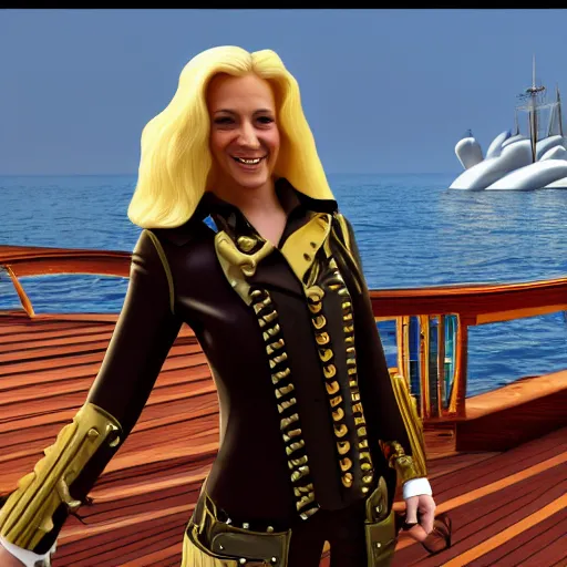 Prompt: a fierce, smiling, beautiful, friendly, calm, blonde, well - dressed, steampunk, covered, armed, pirate captain, standing on the deck of her ship gazing at the horizon in 1 7 3 0, detailed 3 d render