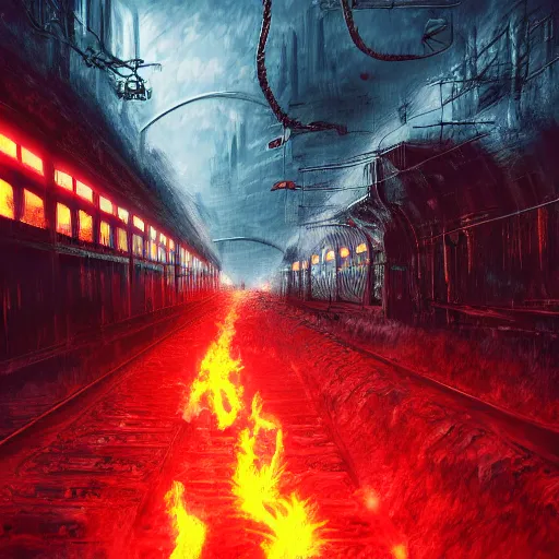 Image similar to A train in hell, digital art, dark, scary, detailed, trending on Artstation, hdr, 4k, hellish, satanic, cyberpunk, sci fi