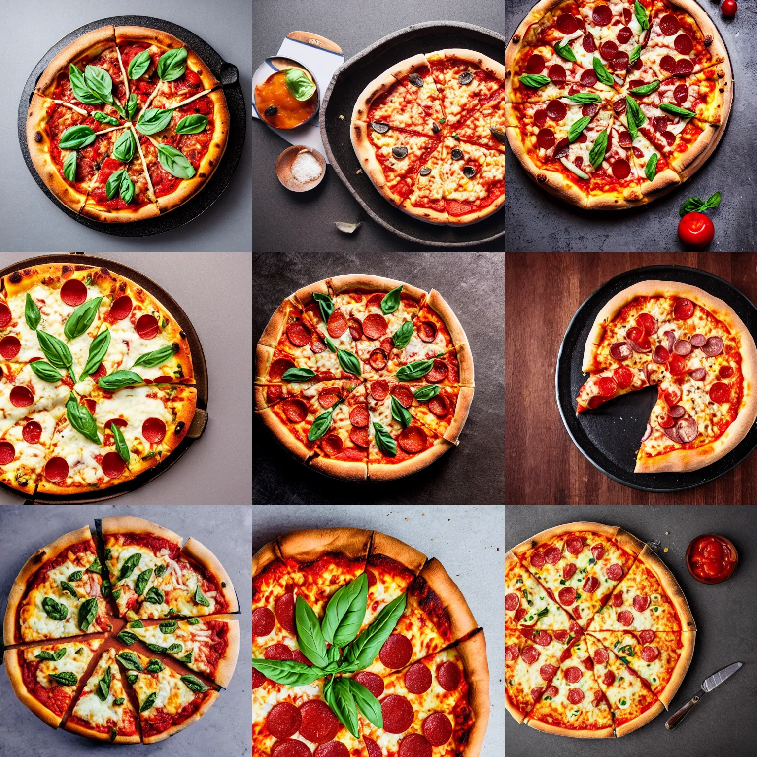 Prompt: small pizza slices in a large deep dish pizza, on a table, professional food photography