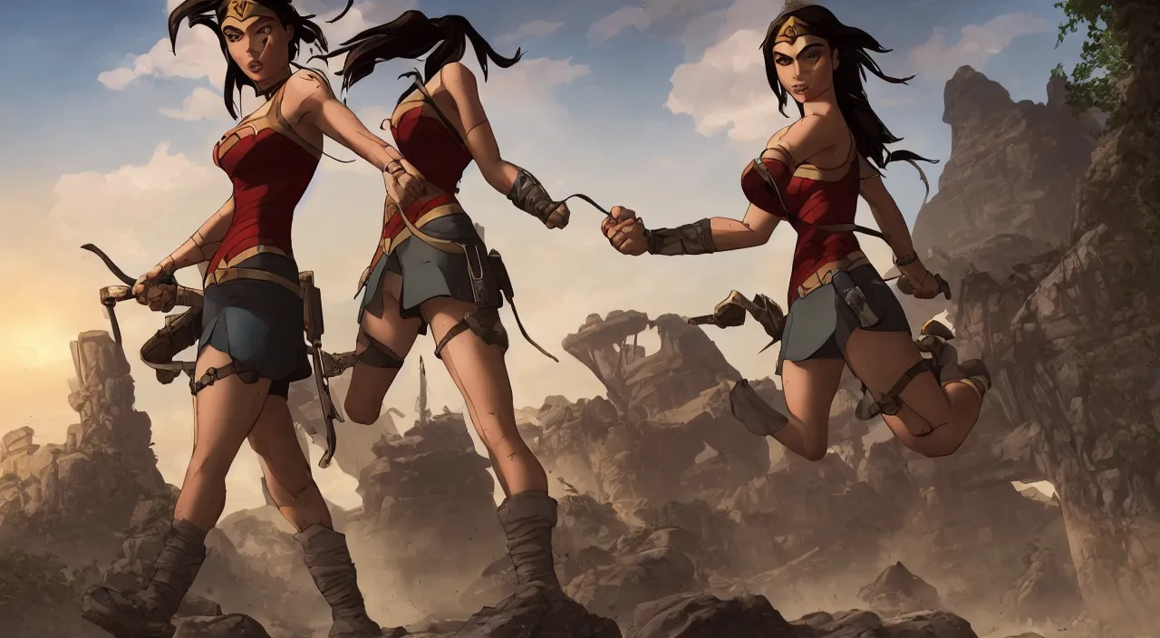 Prompt: A beautiful ultradetailed cartoon of Lara Croft holding hands with Wonder Woman, 4k, Raphael Lacoste, by Rossdraws and Bluesssatan and Mandy Jurgens and Stjepan Sejic, Legend of Korra, Tomb Raider, fanart, trending on artstation, highly detailed, soft lighting 8k resolution, dramatic lighting, unreal engine 5