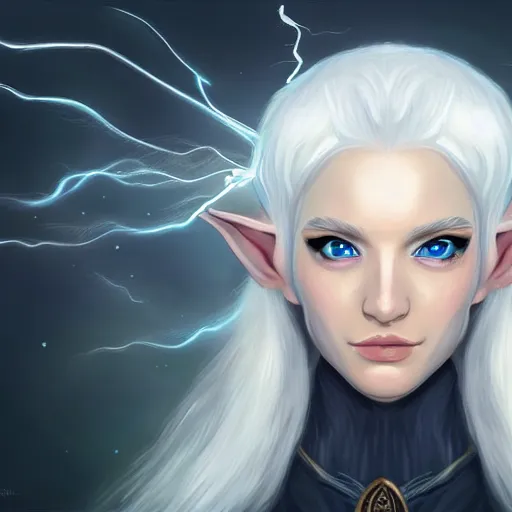 Prompt: Beautiful white haired aged fair skinned scholar elf with spell scroll and lightning background, symmetrical, realism, digital painting, detailed artwork, portrait, mythical, artstation