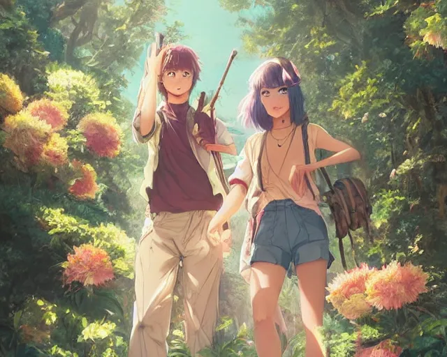 Image similar to a cinematic boy girl traditional romance moment of a group of university friends hiking wearing boho clothing and peonies, full body illustration,bestselling movie art poster, official media, 1970s fashion, official anime media, incredible art by artgerm and greg rutkowski and doja cat