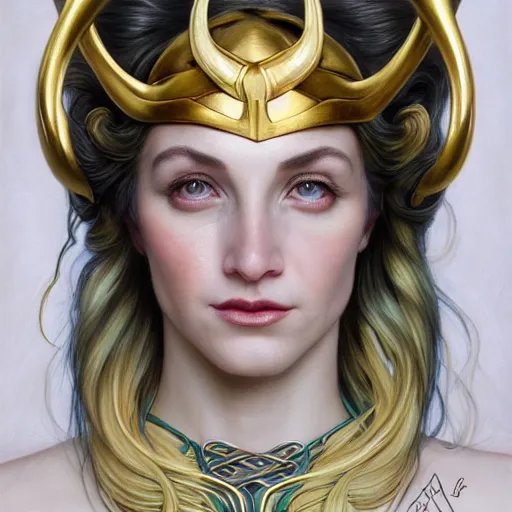 Image similar to Portrait of a female genderbent Loki with golden horned helmet drawn by Donato Giancola and Tom Bagshaw, face by Artgerm, overall design by Alphonse Mucha, background by James Jean and Gustav Klimt, light by Julie Bell, 4k, porcelain skin, komorebi, french nouveau, trending on artstation, octane render, hyperrealistic