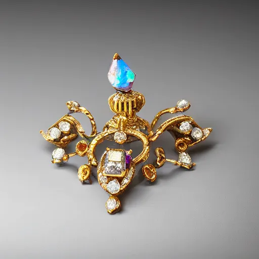 Prompt: Multi Faceted Jewel on the top of a golden ornate staff embellished with Diamonds and Opals HDR