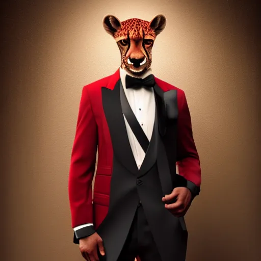 Image similar to a studio photograph of a red cheetah wearing a tuxedo suit,professional photography,studio lighting,studio photo,professional lighting,3 point lighting,dramatic,4k,detailed face,hyperdetailed,photorealistic,digital art,ultra realistic,ultra detailed,art by greg rutkowski