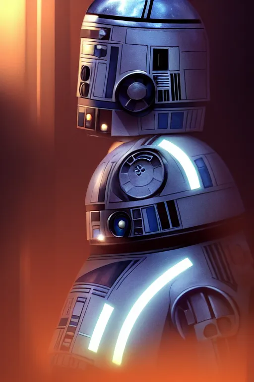 Image similar to a portrait of a random man as r 2 d 2 droid, humanization, humanized, grim - lighting, high - contrast, intricate, elegant, highly detailed, digital painting, artstation, concept art, smooth, sharp focus, illustration