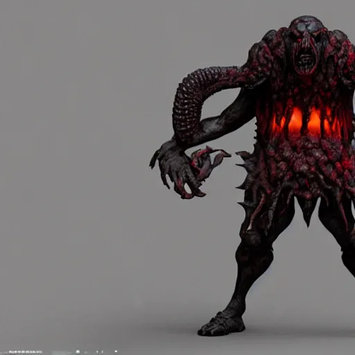 Image similar to goofy demon. eldenring boss, zbrush, arnold render, unrealengine 5, dark souls, horror, extremely detailed