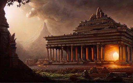 Image similar to beautiful hyperrealistic epic painting of the mysterious intricate ruins of a temple from an advanced alien civilization under the crescent moon, by hubert robert and lee madwick and bastien lecouffe deharme, dramatic lighting