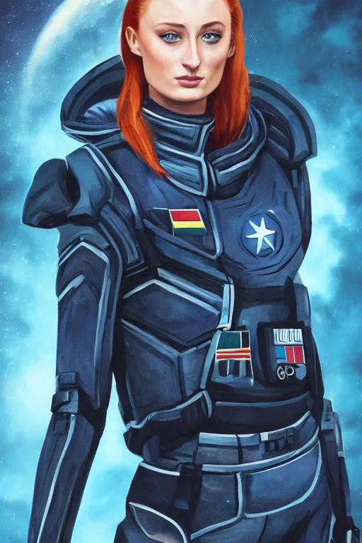 Prompt: Sophie Turner as a Space commander, detailed face