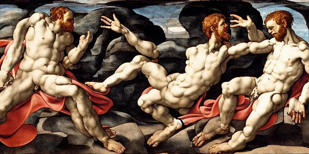 Image similar to creation of adam by michelangelo, cyborg and human, ultra detailed,