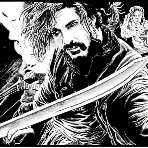 Image similar to pen and ink!!!! attractive 22 year old Frank Zappa x Ryan Gosling golden Vagabond magic swordsman glides through a beautiful battlefield magic the gathering dramatic esoteric!!!!!! pen and ink!!!!! illustrated in high detail!!!!!!!! by Hiroya Oku!!!!! Written by Wes Anderson graphic novel published on shonen jump 2049 award winning!!!!