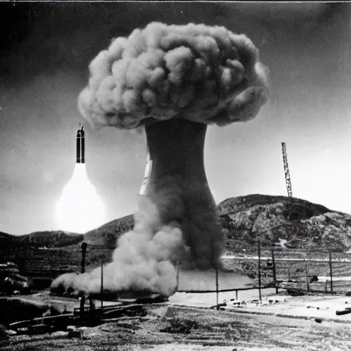 Prompt: Testing a nuke, 1940's photograph
