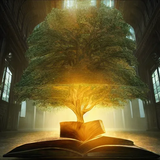 Prompt: a beautiful giant tree growing in the middle of an ancient vast Victorian library indoors. a wizard reading a book under a library tree. Darksouls concept art, ultra-realistic, 4K, featured on artstation