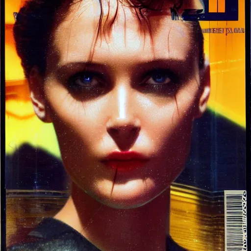 Prompt: beautiful extreme closeup portrait photo of 1990s frontiers in human replicant molecular fashion magazine September retrofuturism blade runner edition, highly detailed, focus on face, soft lighting