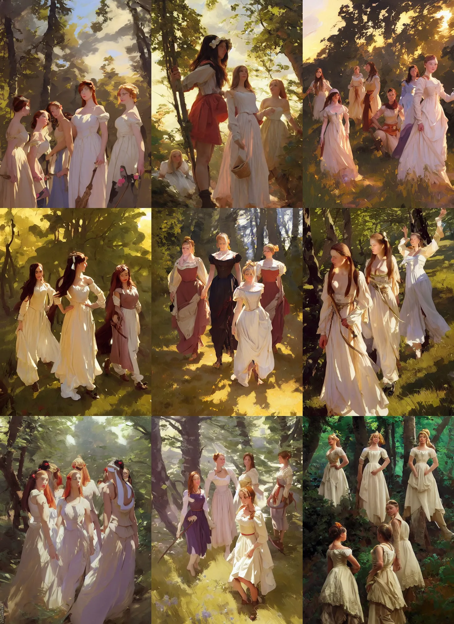 Prompt: group of beautiful ukrainian scandinavian attractive glamour models wearing as village maidens in 1 7 th century bodice with low neckline walking in the woods at sunset, jodhpurs greg manchess painting by sargent and leyendecker, studio ghibli fantasy medium shot asymmetrical intricate elegant matte painting illustration hearthstone, by greg rutkowski by greg tocchini by james gilleard