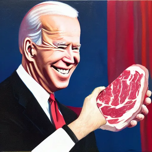 Prompt: oil painting of Joe Biden holding ham meat, 1960s