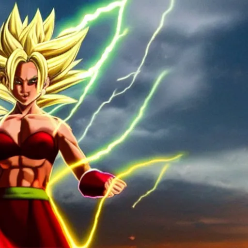 Prompt: photo of jessica alba as super saiyan powering up