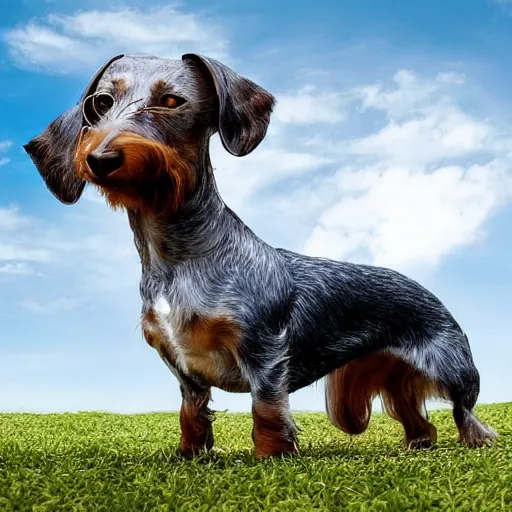 Image similar to photo of an elderly light gray overweight wire-haired dachshund with long hair floating in heaven, blue sky, white clouds