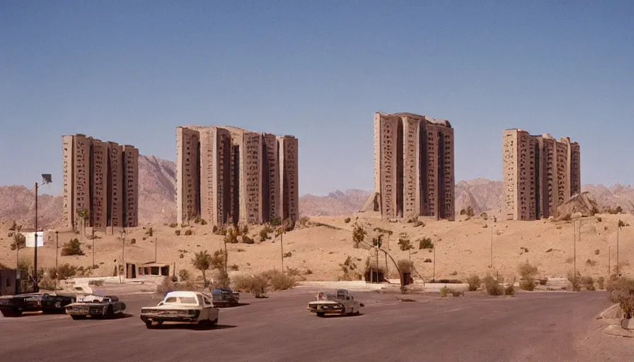 Image similar to 1 9 7 0 s movie still of a empty mammoth stalinist style town with high - rise in the desert, cinestill 8 0 0 t 3 5 mm eastmancolor, heavy grain, high quality, high detailed