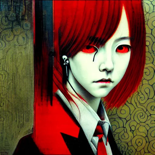 Image similar to yoshitaka amano blurred and dreamy realistic three quarter angle horror portrait of a sinister young woman with short hair, big earrings and red eyes wearing office suit with tie, junji ito abstract patterns in the background, satoshi kon anime, noisy film grain effect, highly detailed, renaissance oil painting, weird portrait angle, blurred lost edges