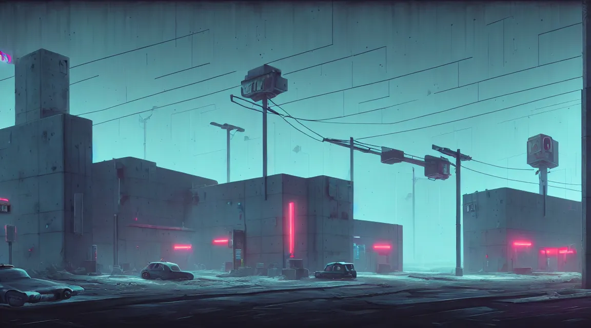 Image similar to post - apocalyptic police station, concrete building, paved roads, by simon stalenhag, highly detailed photography, trending on artstation, hyperrealistic, human silhouettes, cyberpunk, environment artist, dystopian, science fiction, synthwave neon retro